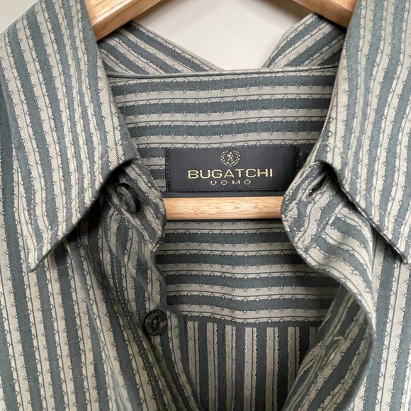 Bugatchi Button Down Collared Long Sleeve Dress Shirt Stripped Green Gray Men L - Picture 3 of 8